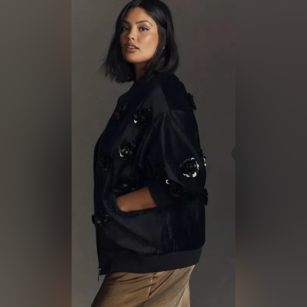 NEW Velvet Floral Embroidered Bomber Jacket - Size - Small
